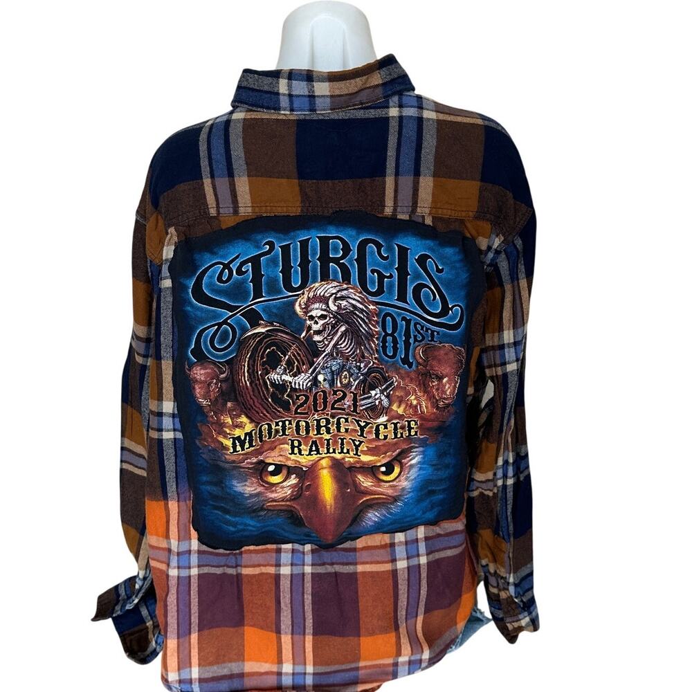 Sturgis Motorcycle Rally Plaid Flannel Shirt 3XL Oversize Skeleton Biker Unique